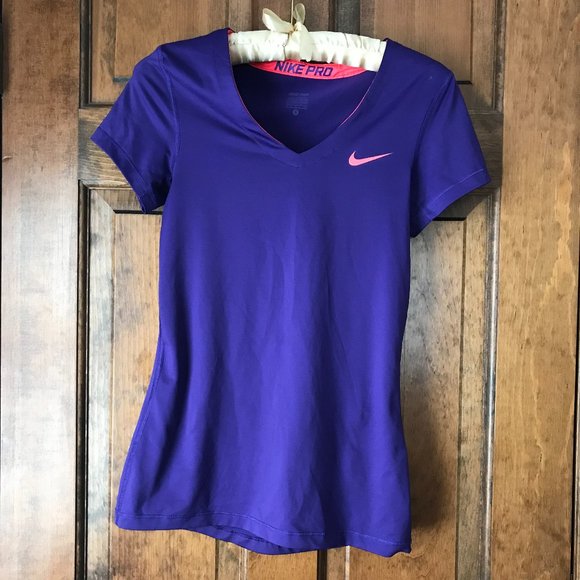 Nike Tops - Nike Pro Purple w/Pink Swoosh Dri-Fit V-Neck Tee Small